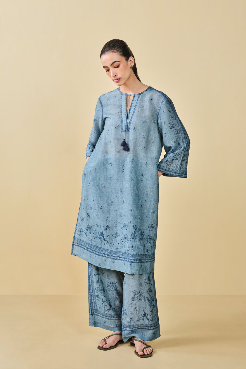 Pond Printed Linen Kurta Set  - Blue, Blue, image 5
